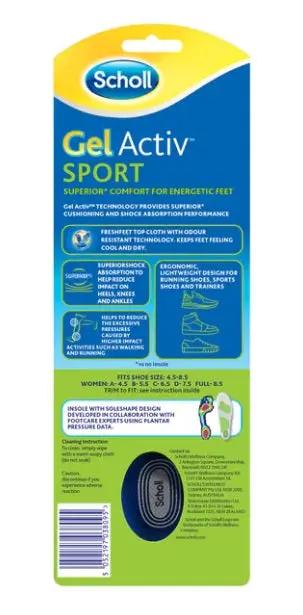 Scholl Gel Activ Sport Insoles Women Ergonomic,Freshfeet Top Cloth,help reduce impact on heels,issues,Keeps feet feeling cool and dry,lightweight design,odour resistant technology,Superior Shock Absorption