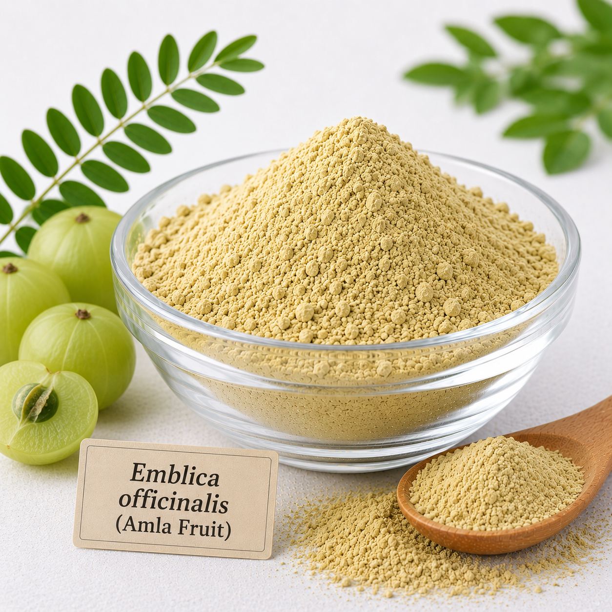 Radico Organic Amla Fruit Powder beside dried Emblica officinalis fruit