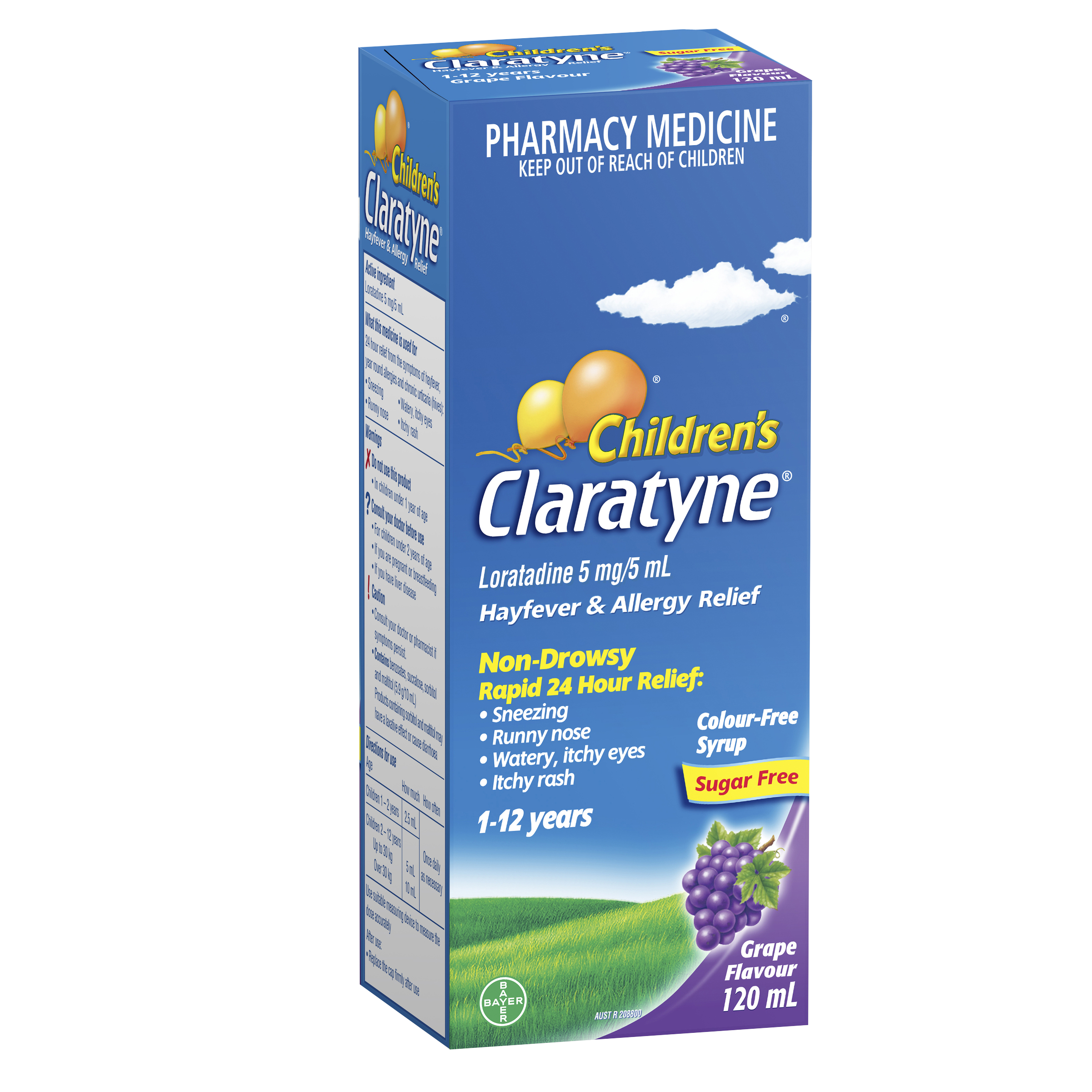Claratyne children's syrup 120ml box featuring grape flavour and allergy relief information.