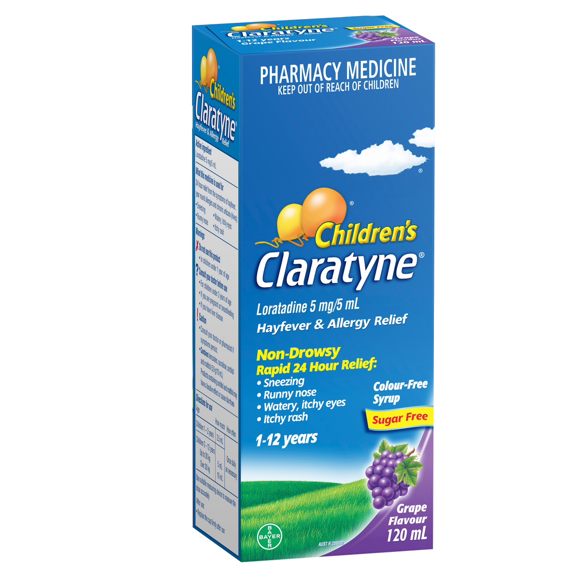 Claratyne children's syrup 120ml box featuring grape flavour and allergy relief information.