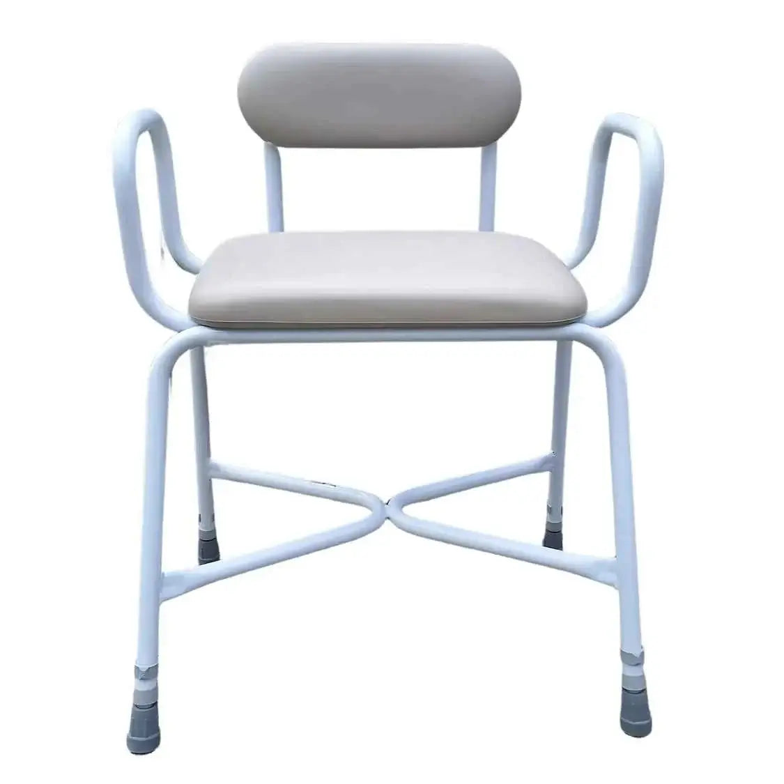 Bariatric Perching Stool with Arms and Backrest Depth-adjustable backrest for cushioned support,Height-adjustable legs with pin clips,Non-slip rubber feet for safety,Tubular armrests support upright posture