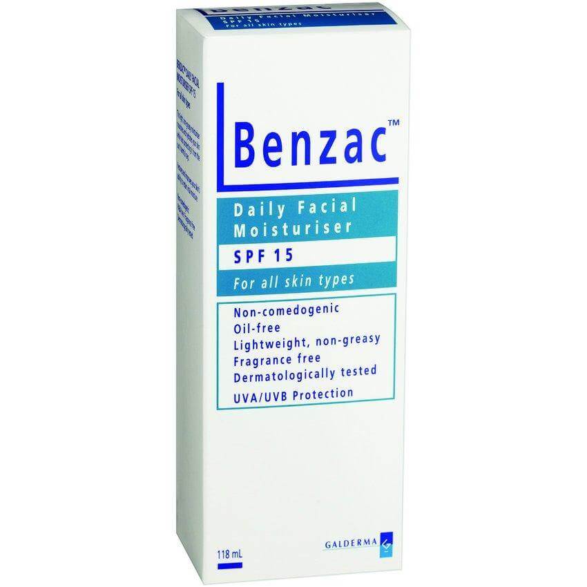 Benzac Facial Moisturiser UVA and UVB SPF15 118 mL acne,benzac,Benzac Facial Moisturiser SPF15,benzoyl peroxide,issues,moisturiser