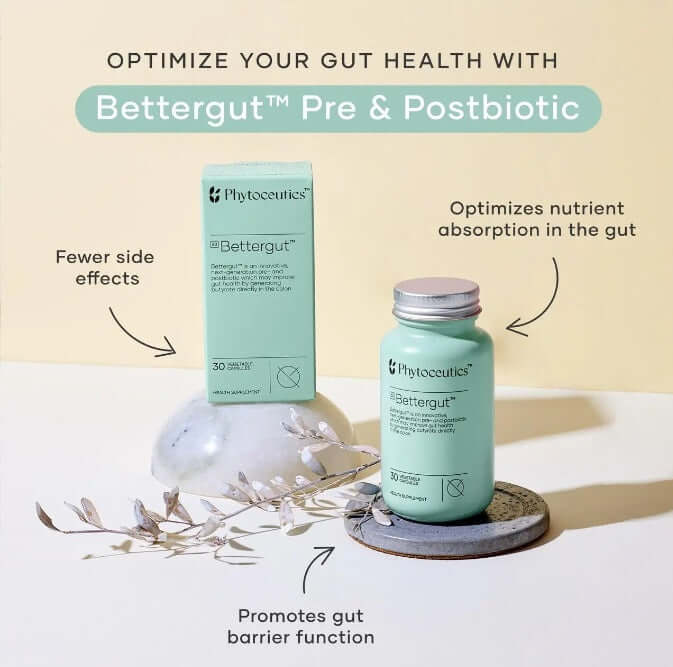 Bettergut® Pre and Postbiotic Bettergu,bloating,compromised gut health,creates butyrate,generates butyrate in the colon,gut microbiome,improving gut health,issues,Pre and Postbiotic,side effects like gas