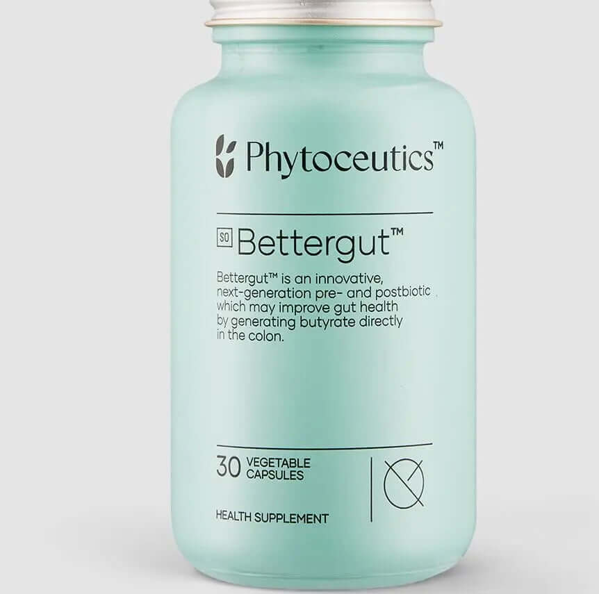 Bettergut® Pre and Postbiotic Bettergu,bloating,compromised gut health,creates butyrate,generates butyrate in the colon,gut microbiome,improving gut health,issues,Pre and Postbiotic,side effects like gas