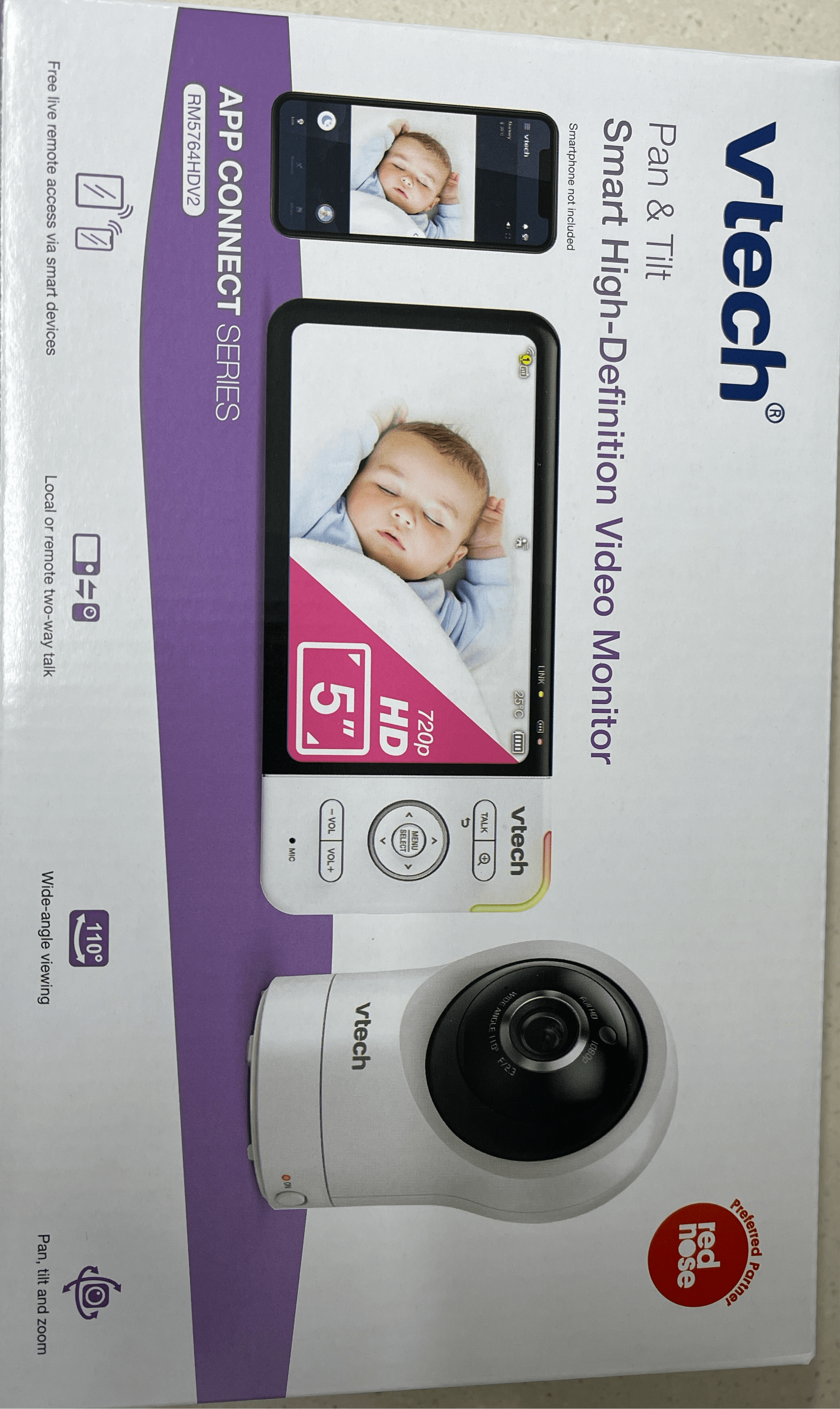 VTECH HD pan and tilt video monitor box featuring 5" HD screen and camera for baby monitoring.