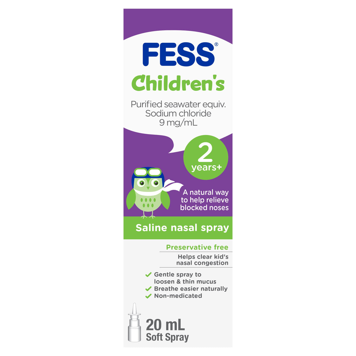 Fess Children's Nasal Saline Spray for Kids 20 ml blocked nose,fess,issues,kids,non-medicated,saline,salt water,spray