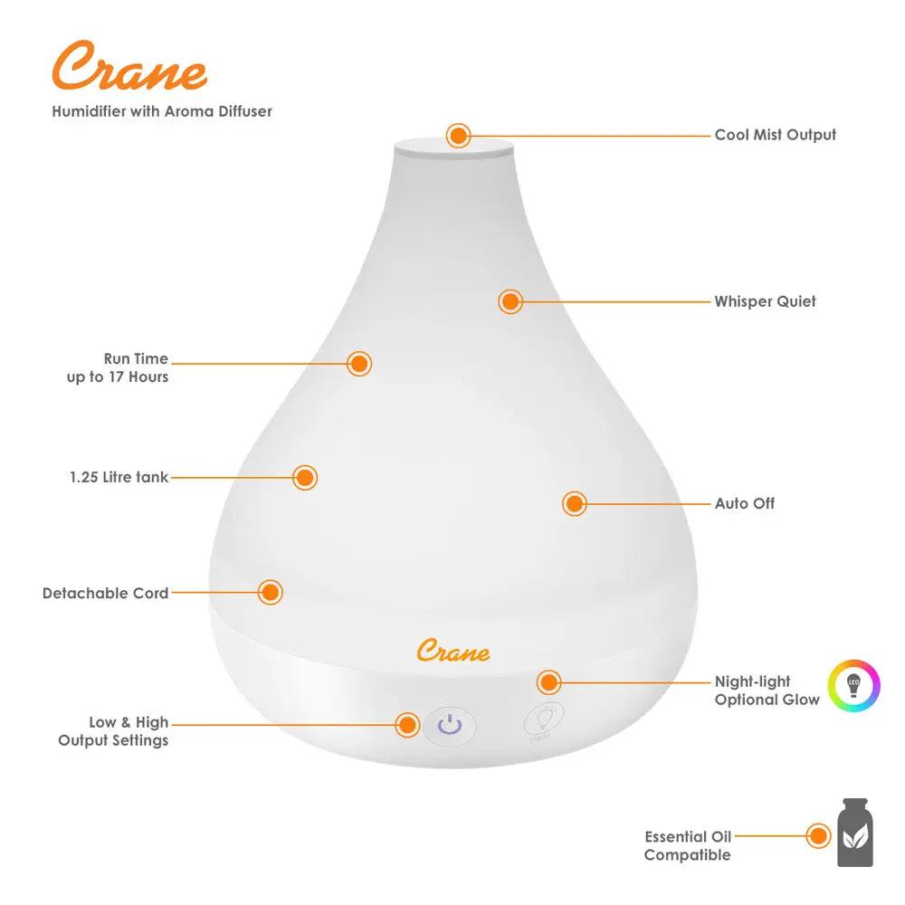 Crane Cool Mist Humidifier + Aroma Diffuser 1.3L - White