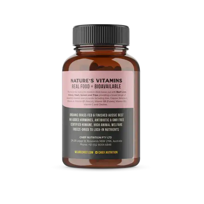 Chief Organic Beef Offal Multivitamin (120 Capsules) Beef Liver,Beef Offal,Beef Offal Multivitamin,bioavailable vitamins,Chief Organic Beef Liver Capsules,Chief Organic Heart,Copper,Grass-fed,Grass-finished,issues,Kidney Immunity Boost,modern diets,nutrie