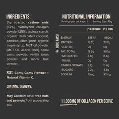 Ingredients and nutritional information for Chief Collagen Protein Bar Cashew Shortbread, featuring cashew nuts and collagen.