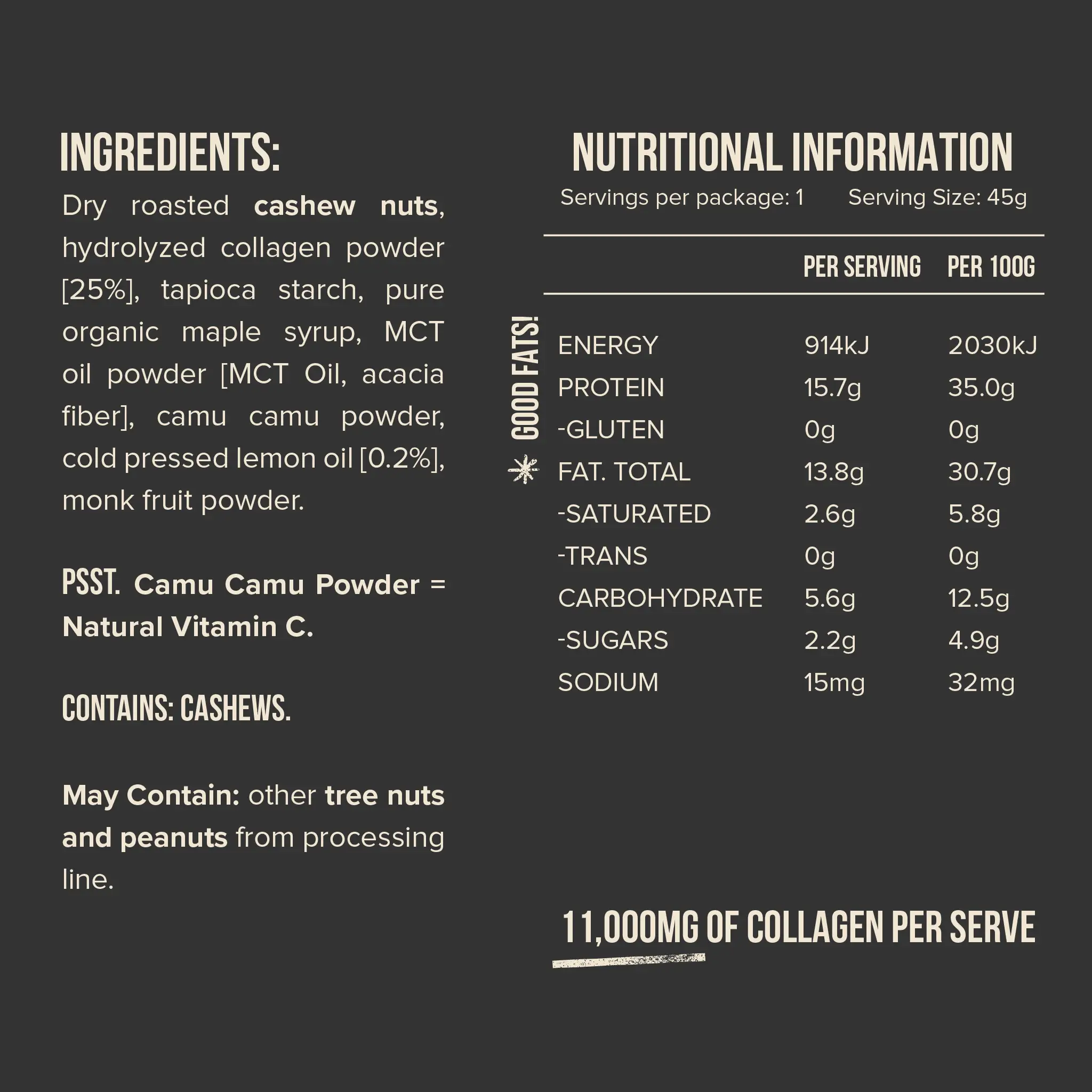 Ingredients and nutritional information for Chief collagen protein bar lemon tart, showcasing collagen content and key ingredients.
