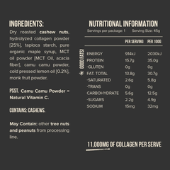 Ingredients and nutritional information for Chief collagen protein bar lemon tart, showcasing collagen content and key ingredients.