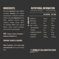 Ingredients and nutritional information for Chief collagen protein bars peanut butter 12 bars, featuring collagen and cashews.