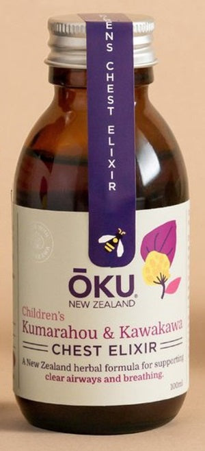 Children's Chest Elixir - Kūmarahou and Kawakawa acute respiratory symptoms,Chest Elixir,clearing the airways of mucus,encouraging sweating,issues,native herbal formula,reducing fevers,wet & dry irritations