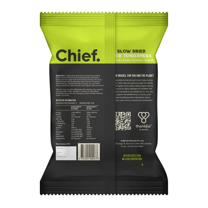 Chief Organic Grass-fed Biltong 90g (Min Order 6 Units)