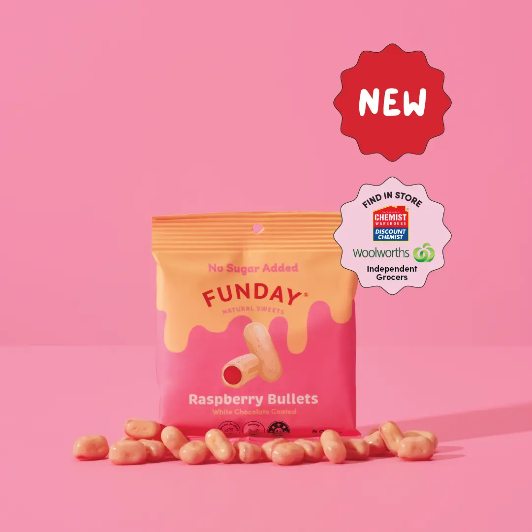 Funday Natural Sweets White Chocolate Raspberry Bullets 50g | Sugar-Free White Chocolate