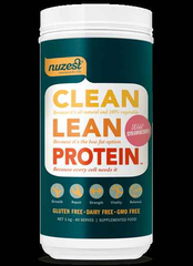 Nuzest Clean Lean Protein Wild Strawberry 1KG container showcasing its gluten-free, vegan protein benefits.