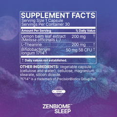 Microbiome Labs Zenbiome Sleep 30 Capsules supplement facts