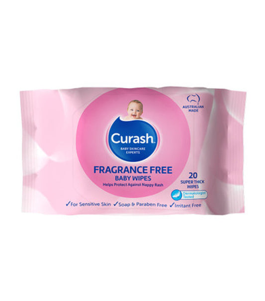 CURASH Fragrance Free Baby Wipes Travel Pack, 1x 20 wipes