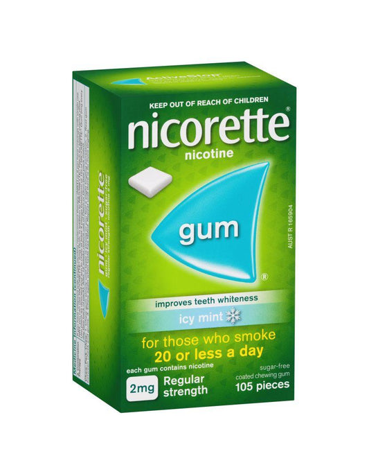 Nicorette Nicotine Gum Coated Regular Strength 2mg Icy Mint 105 - DominionRoadPharmacy