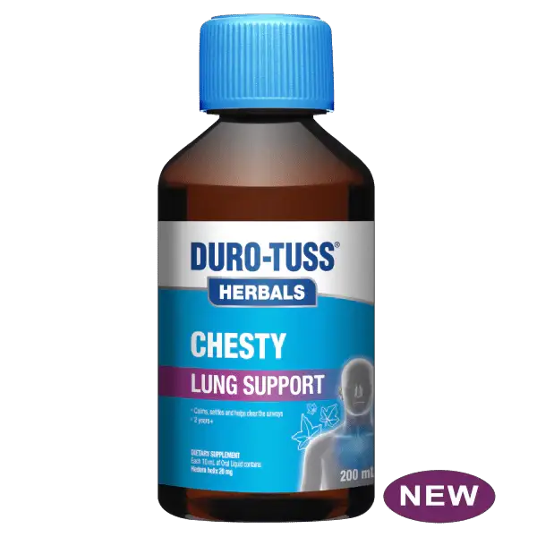 DURO-TUSS herbal chest congestion support 200ml bottle for lung health, calming airways and clearing mucus.