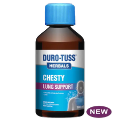 DURO-TUSS herbal chest congestion support 200ml bottle for lung health, calming airways and clearing mucus.