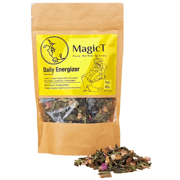 MagicT Daily Energizer 40gr anti-stress herbal tea,antioxidant,antioxidant blend,Ayurda herbal tea,Cardamom,Chamomile,Cinnamon,Daily Energizer,Daily Energizer Tea,dried ginger root,Energizer Tea,energy,Ginger,Ginger and Cinnamon,gorgeous purple flowers,gr
