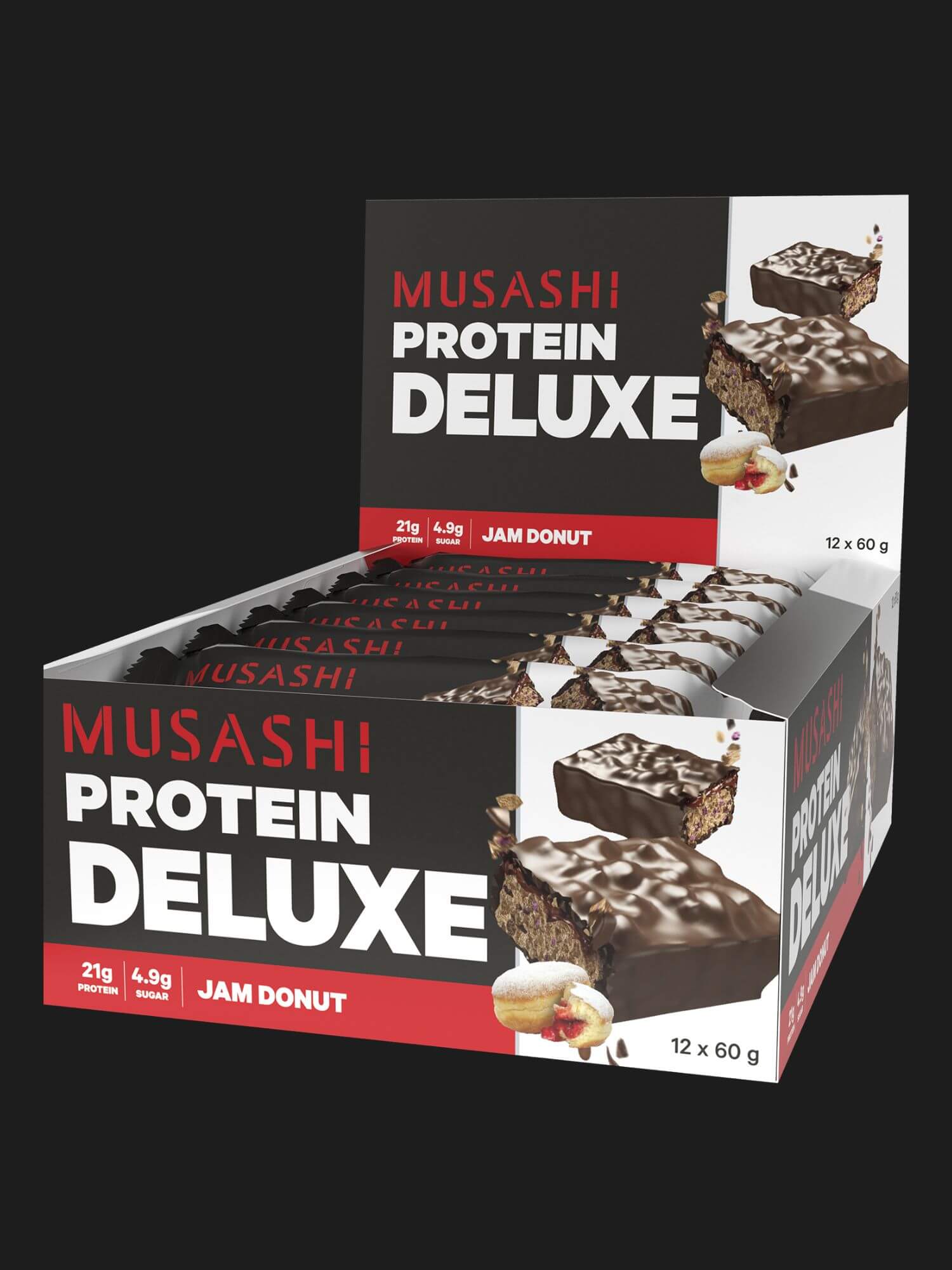 Musashi Protein Deluxe Bar Jam Donut Box 12 x 60g – High Protein Snack Bar