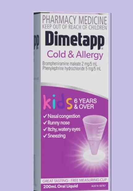 Dimetapp Cold And Allergy Kids 6+Yrs 200ml (Pharmacy Medicine) Baby blocked nose,Baby Nasal Congestion,blocked nose,Blocked Nose for Kids,Blocked/runny nose,congestion of the Sinus,flight blocked nose,Kids Nasal Congestion,Nasal and sinus congestion,nasal