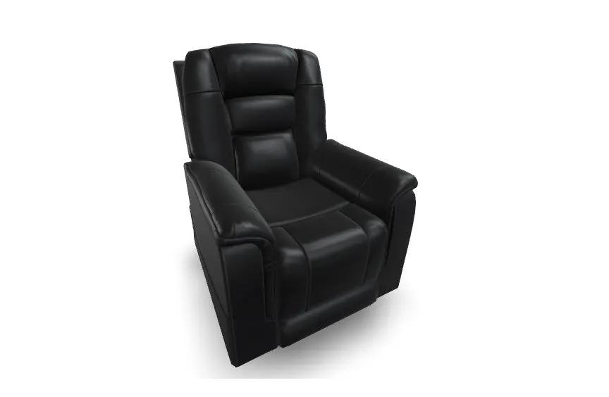 Theorem dual motor recliner with headrest and lumbar support in sleek black leather design.