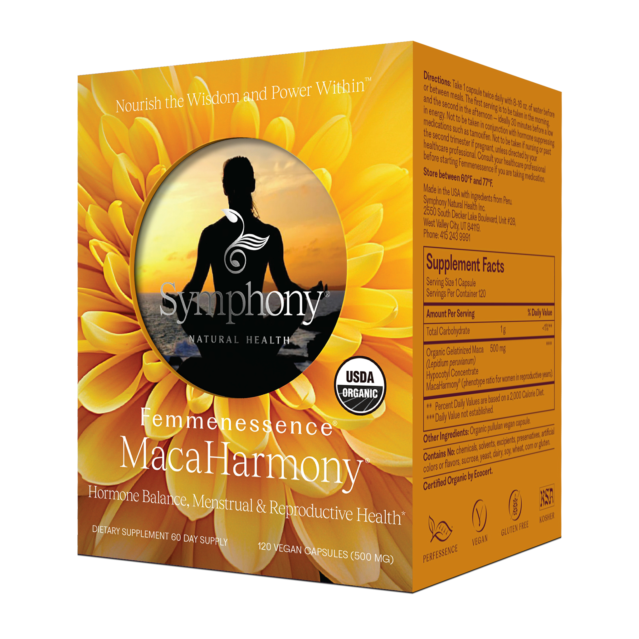 Femmenessence MacaHarmony 120 capsules front left view