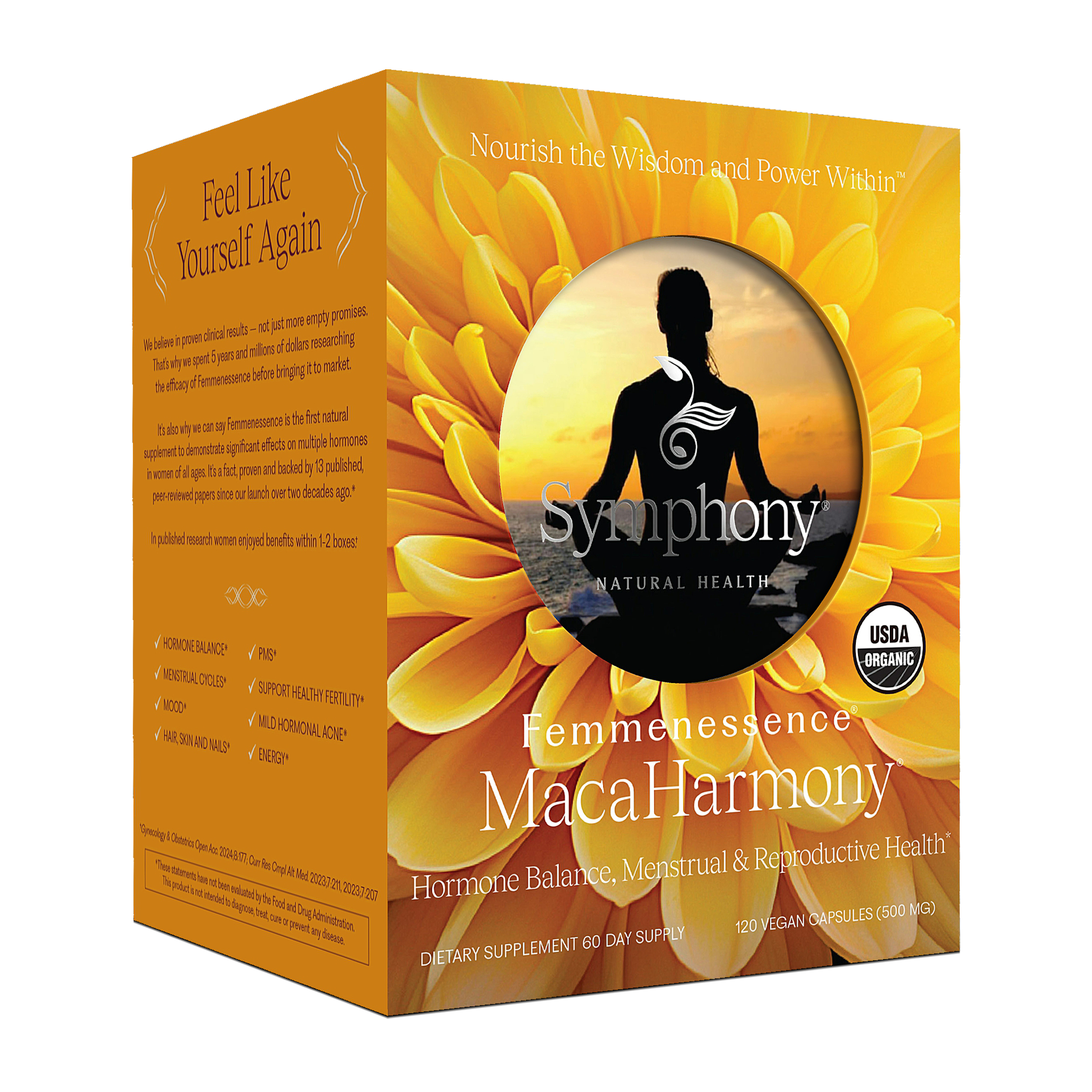 Femmenessence MacaHarmony 120 capsules front right view