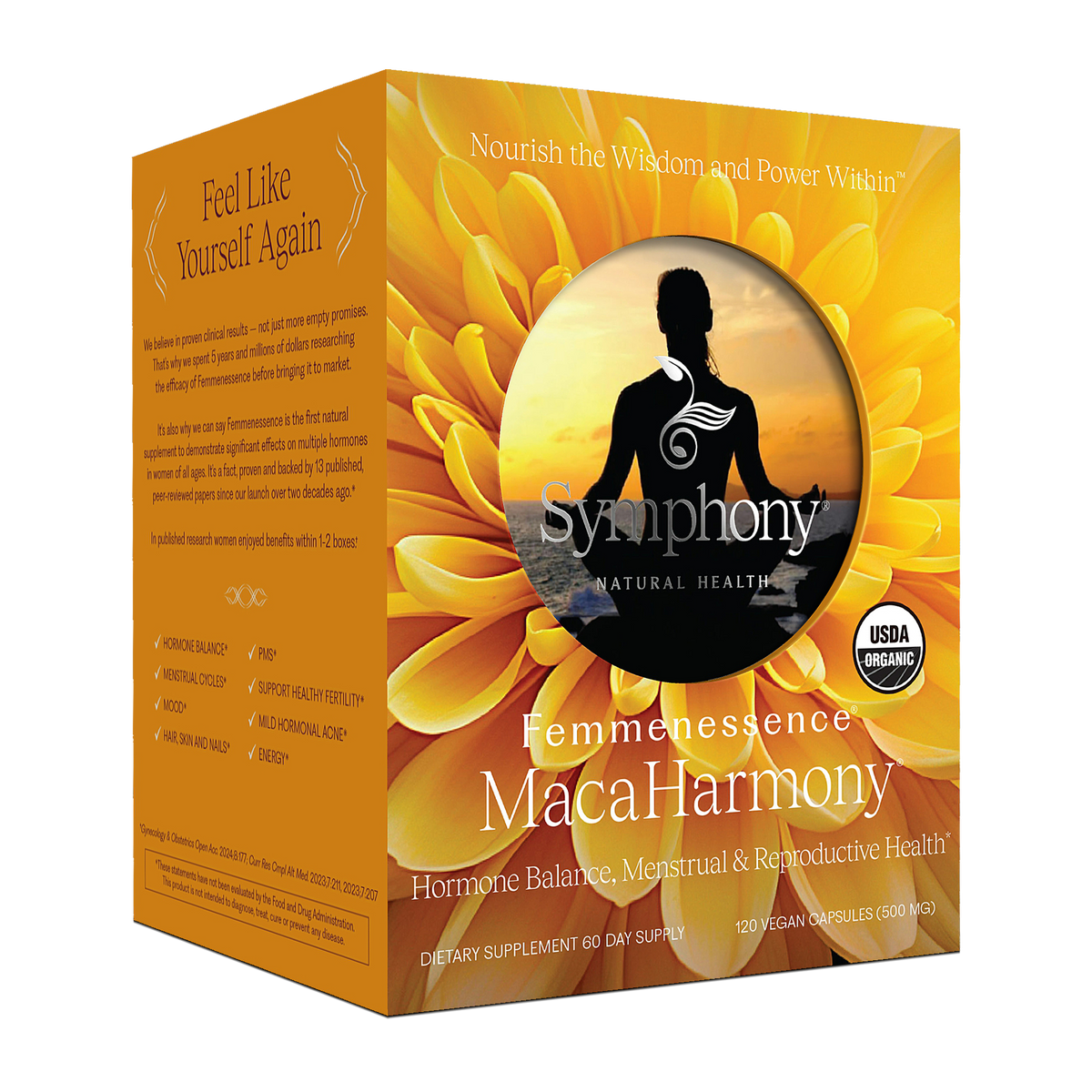 Femmenessence MacaHarmony 120 capsules front right view