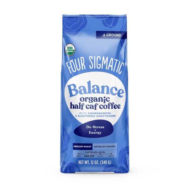 Four Sigmatic Balance Organic Half Caf Coffee (Ground) 340g Balance Organic Half Caf Coffee (Ground),caramel-y adaptogenic,Eleuthero Adaptogens Mushrooms,issues,mushroom Chaga,Organic Half Caf Coffee,Tulsi