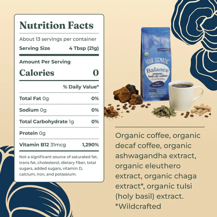 Four Sigmatic Balance Half Caf Ground Coffee supplement facts