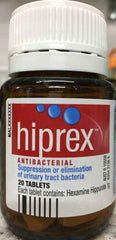 Hiprex Tablets for UTIs - Antibacterial for urinary tract infections in a brown bottle.