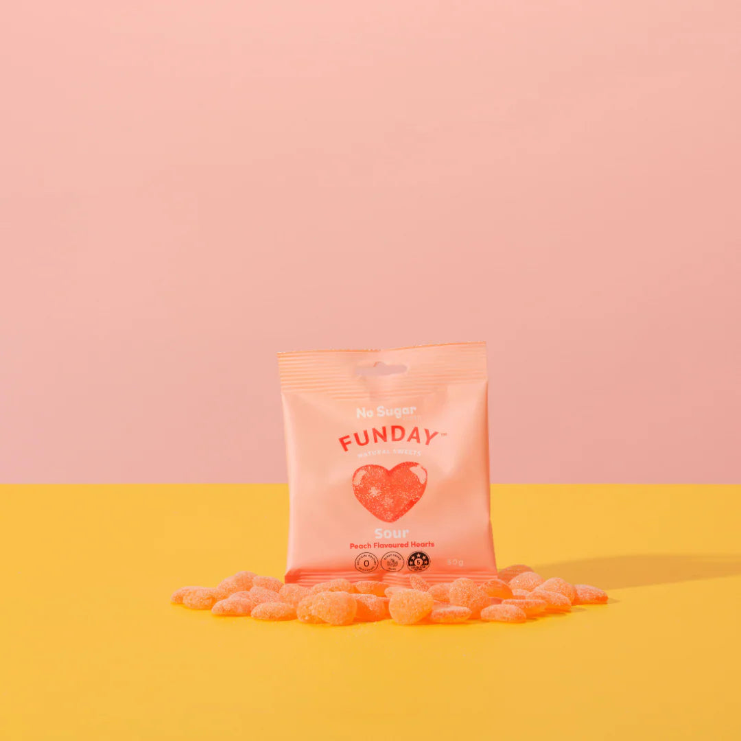 Funday Natural Sweets Sour Peach Hearts 50g | Sugar-Free Sour Peach Gummies