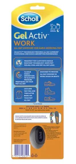 Scholl Gel Activ Work Insoles Men 12 hours shock absorption,alleviate pressure,Freshfeet Top Cloth,issues,Keeps feet feeling cool and dry,Legs and feet feel less tired,odour resistant technology