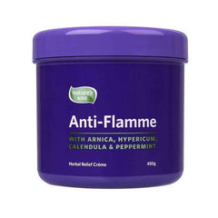 Anti Flamme Herbal Relief Cream 450G packaging with arnica, hypericum, calendula, and peppermint for natural pain relief.