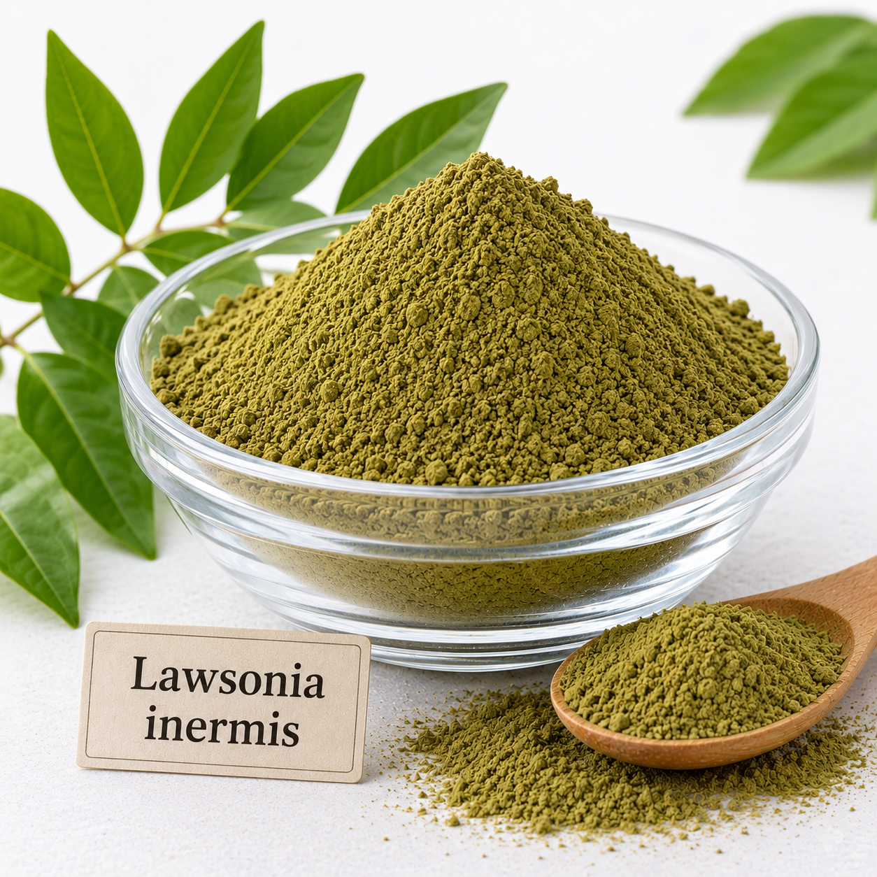 Radico Organic Henna Leaf Powder beside milled Lawsonia inermis leaf
