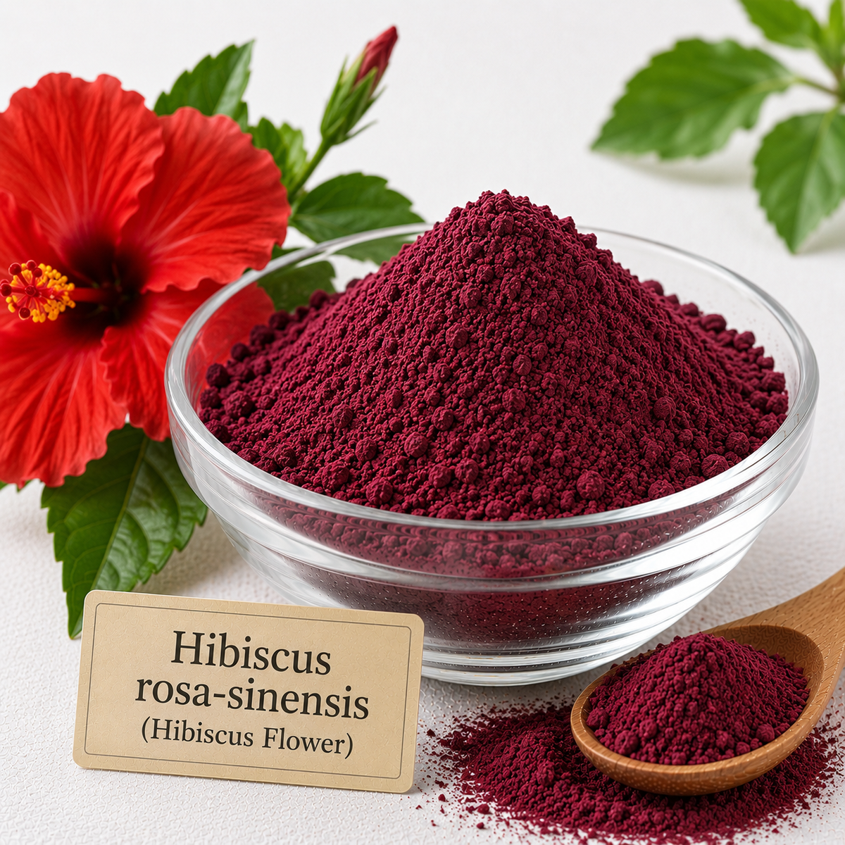 Radico Organic Hibiscus Flower Powder beside dried Hibiscus rosa-sinensis flowers