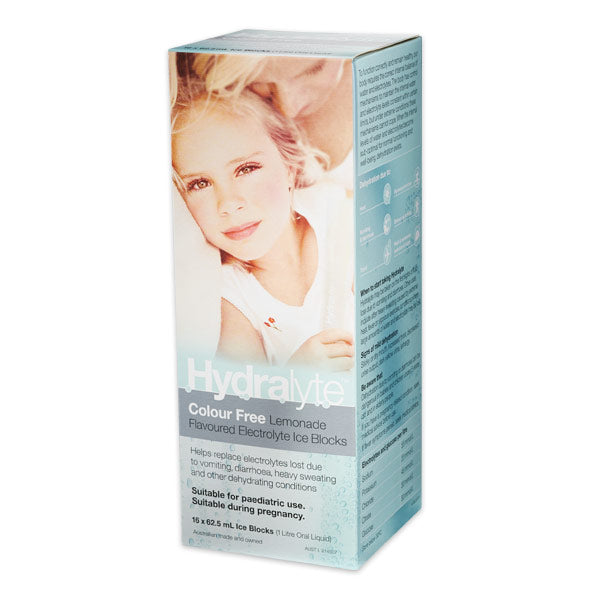 Hydralyte Colour Free Lemonade Electrolyte Ice Blocks 16 x 62.5 mL pack dehydration,issues