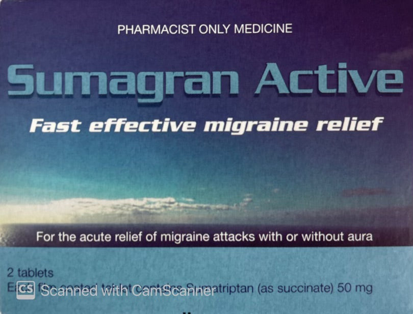 Sumatran Active Tablets 50mg 2 Tablets Pharmacist Only Medicine Quantity 1 restriction issues,migraine,sumatriptan