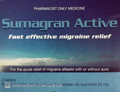 Sumatran Active Tablets 50mg 2 Tablets Pharmacist Only Medicine Quantity 1 restriction issues,migraine,sumatriptan