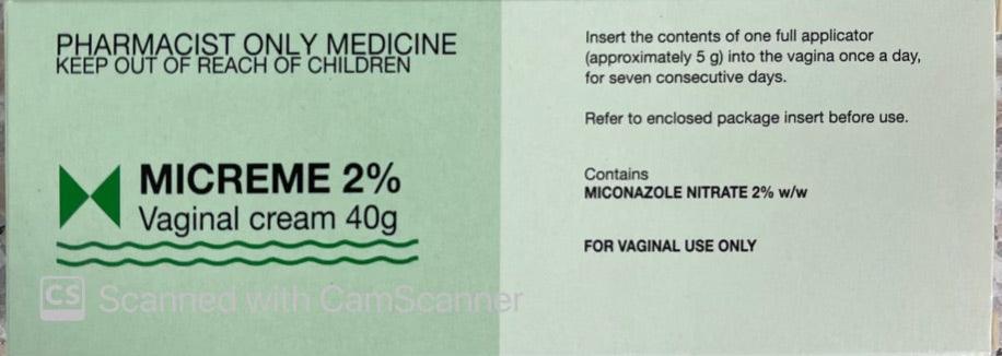 Micreme Vaginal Cream 2% 40g Pharmacist Only Medicine Qty 1 Restriction issues,micreme vaginal cream,vaginal candidiasis,vaginal fungal infections