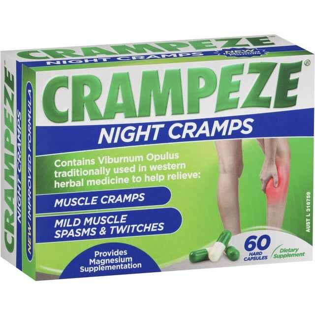 Crampeze Night Cramps Relief Capsules packaging for nighttime muscle cramps relief.