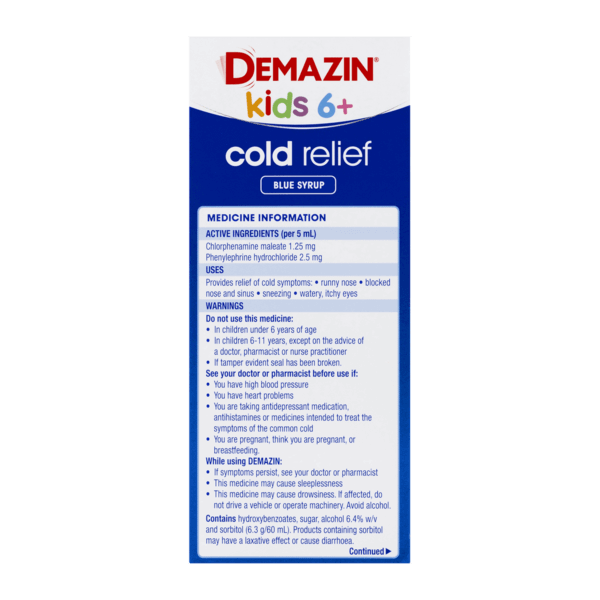 Demazin Kids 6+ Cold Relief Blue Syrup 200 ml children,cold,demazin,flu,google,issues,kids,viral