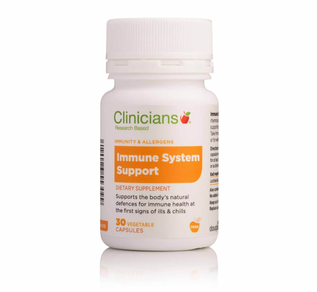 Clinicians immune system support supplement (Del-Immune V®) 30's bottle with vegetable capsules for immune health.