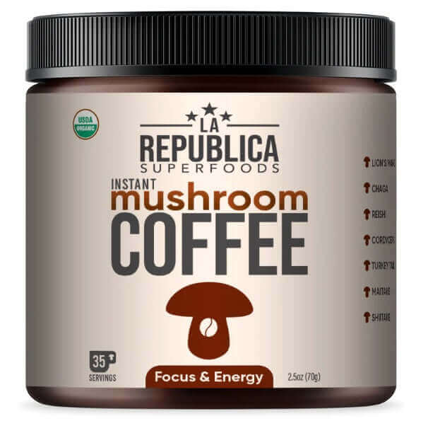 La Republica Instant Mushroom Coffee 35 Servings coffee,Decafe Coffee,Decafe Instant Mushroom Coffee,Multi vitamins,multivitamins,Mushroom Coffee,Rich in vitamins and minerals,vitamins,Vitamins & Supplements,vitamins and minerals,Vitamins and Supplements,
