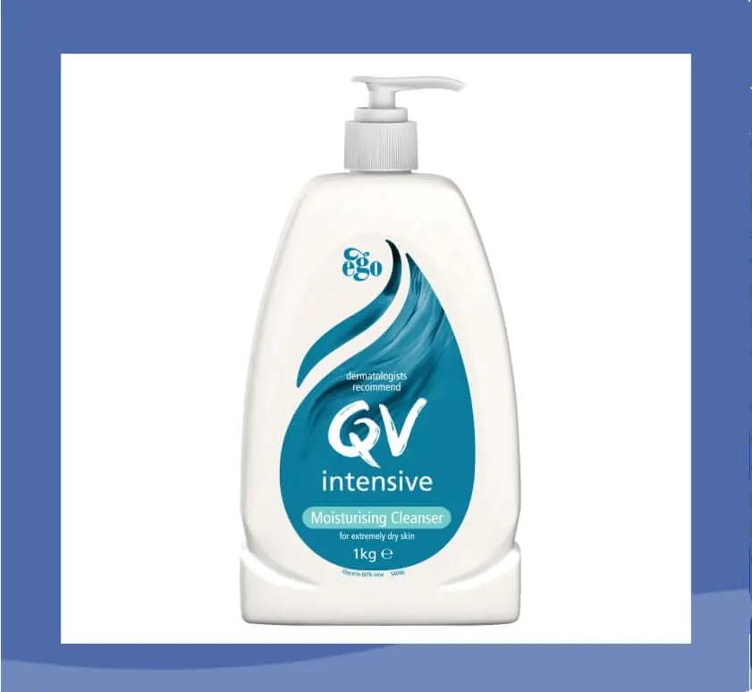 QV intensive moisturising cleanser for dry skin 1kg bottle with pump for gentle cleansing and hydration.