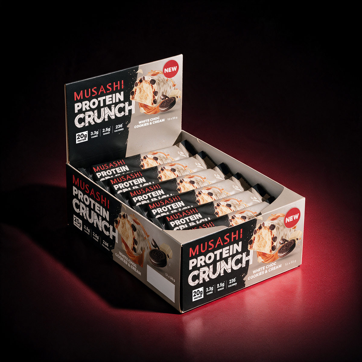 Musashi Protein Crunch Bar White Choc Cookies & Cream Box 12 x 55g – High Protein Snack Bar